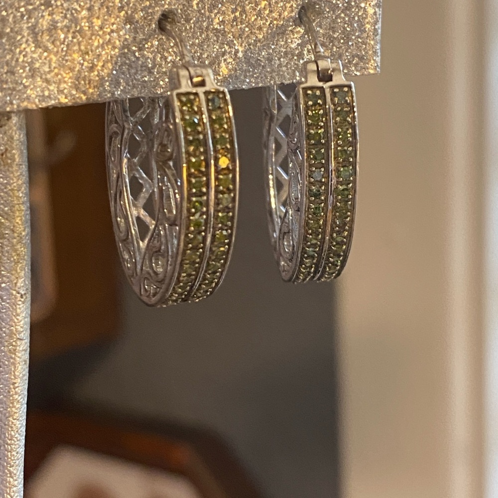 QVC Elegant Sterling Silver Earrings with Vibrant Green Diamonds. - Picture 7 of 7